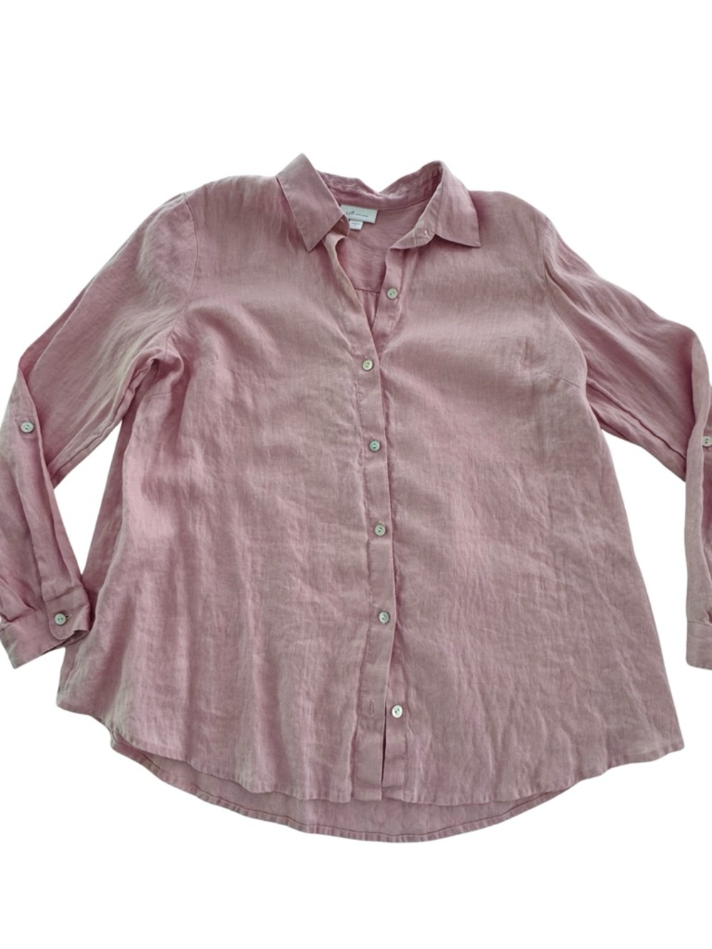 J Jill Love Linen Pink Button Front Shirt M 100% Linen Roll Tab Sleeve Blouse